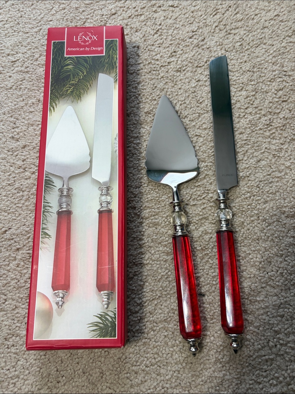 Lenox red 2 piece dessert set with silver accents.